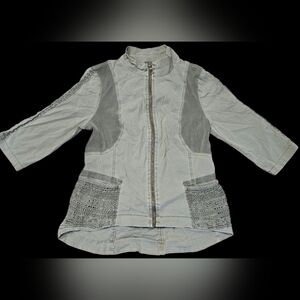 XCVI Womens Full Zip Jacket Sz L Army Green 3/4 Sleeve Crochet, Fairycore Grunge